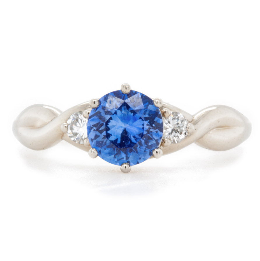 The Fairmined Sri Lankan Sapphire and Diamond Three-Stone Twist Ring (Ready to ship in size 6.25)