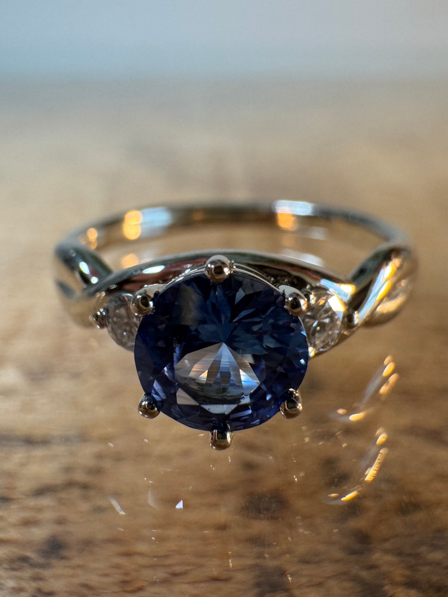 The Fairmined Sri Lankan Sapphire and Diamond Three-Stone Twist Ring (Ready to ship in size 6.25)