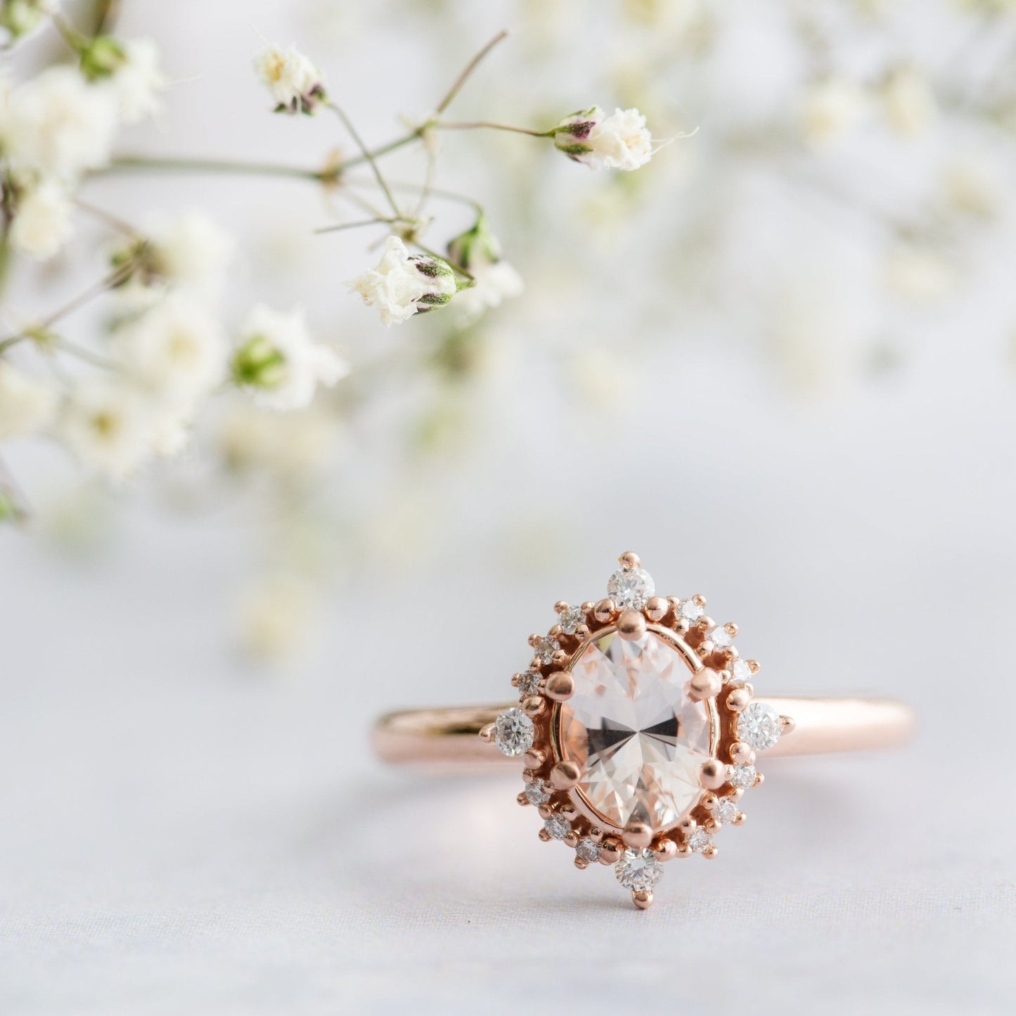 The Morganite Halo (Ready to ship in 14K rose gold size 6.5 polished finish) - W.R. Metalarts