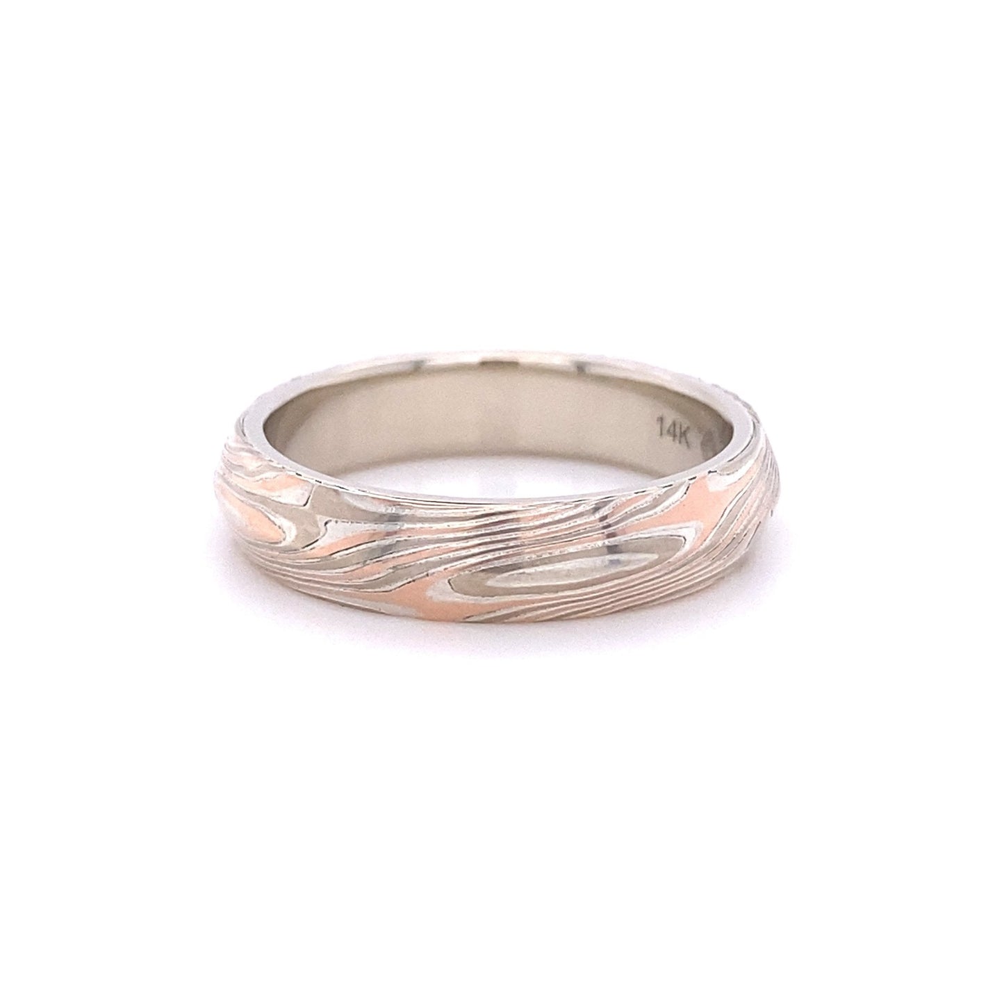 The Tri-Metal Rose Gold Mokume Gane Knife Edge Band (Ready to ship in 4.5mm width with a 14K rose gold liner size 7.75) - W.R. Metalarts