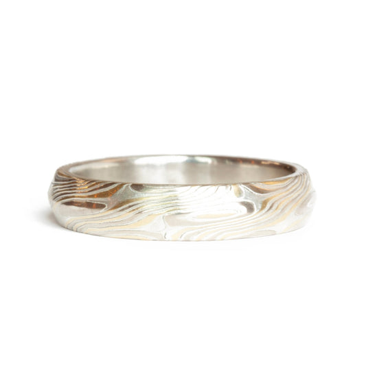 The Tri-Metal Yellow Gold Mokume Gane Knife Edge Band (Ready to ship in 5mm width a 14K yellow gold liner size 7) - W.R. Metalarts