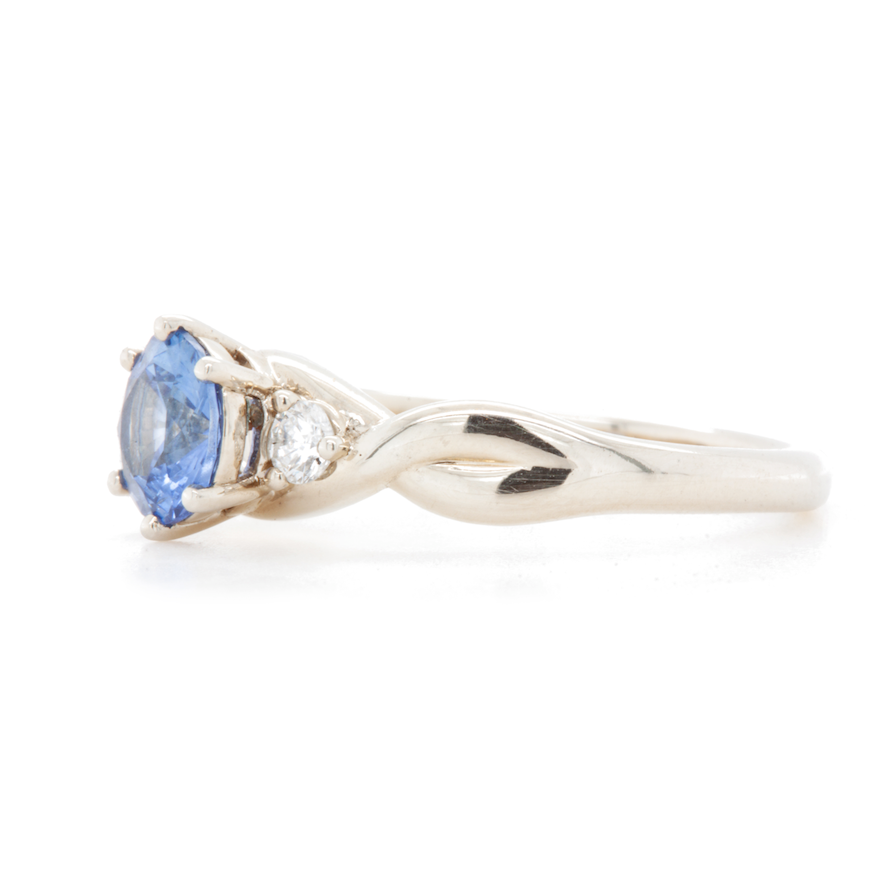 The Fairmined Sri Lankan Sapphire and Diamond Three-Stone Twist Ring (Ready to ship in size 6.25)