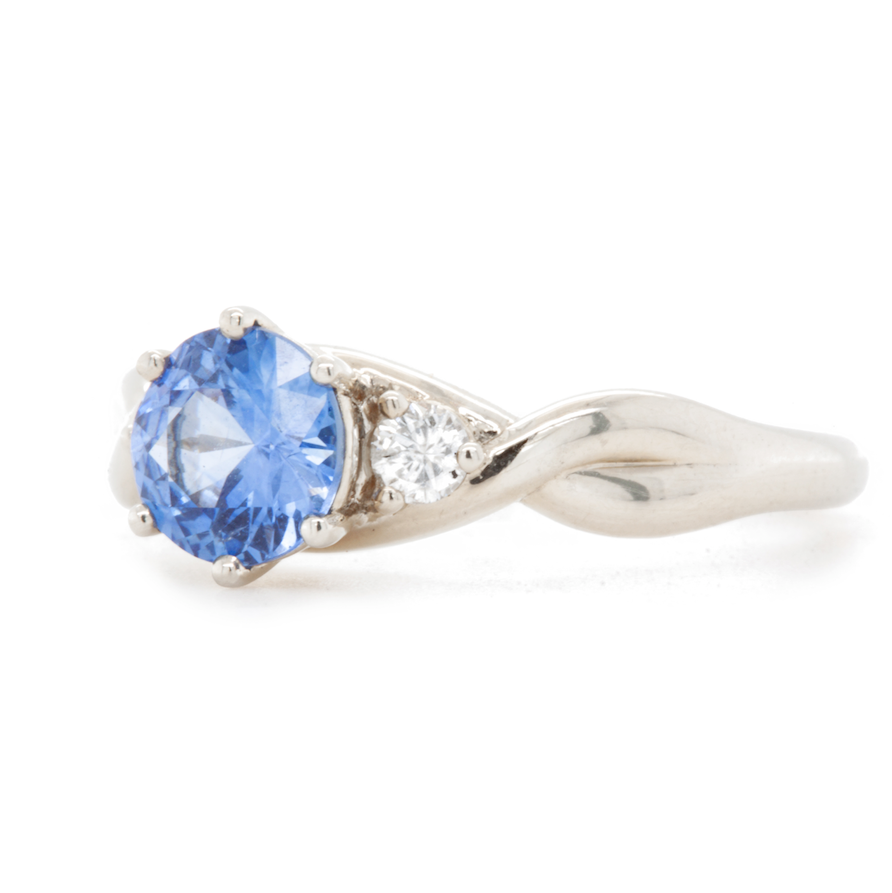 The Fairmined Sri Lankan Sapphire and Diamond Three-Stone Twist Ring (Ready to ship in size 6.25)