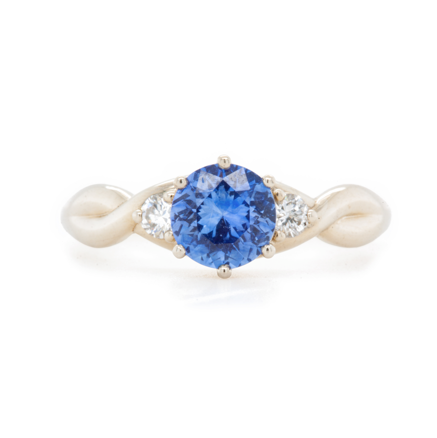 The Fairmined Sri Lankan Sapphire and Diamond Three-Stone Twist Ring (Ready to ship in size 6.25)
