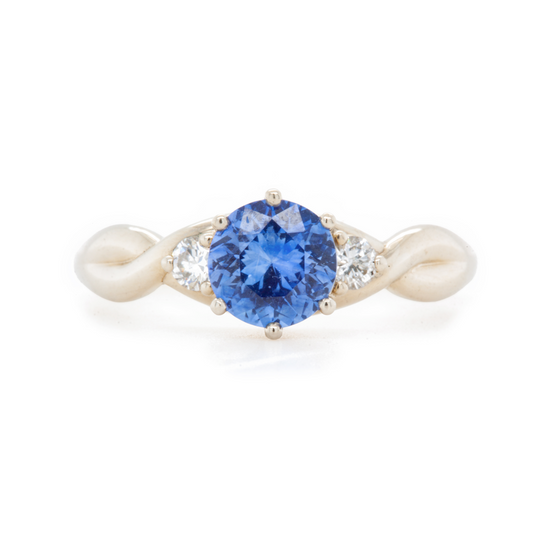 The Fairmined Sri Lankan Sapphire and Diamond Three-Stone Twist Ring (Ready to ship in size 6.25)