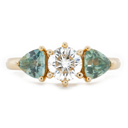 The Fairmined Diamond and Montana Sapphire Three-Stone Ring (Ready to ship in size 6.75)