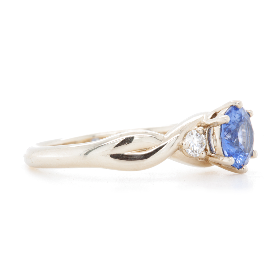The Fairmined Sri Lankan Sapphire and Diamond Three-Stone Twist Ring (Ready to ship in size 6.25)