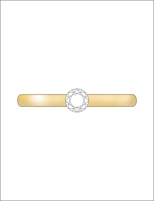 Illustration of a ring with a gold band and a circular diamond on a white background