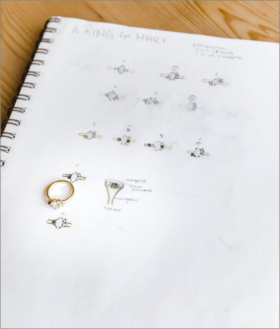 A note pad with pencil illustrations of a ring design for Mary, a client of W.R. Metalarts. The note pad also has a diamond ring resting on it.