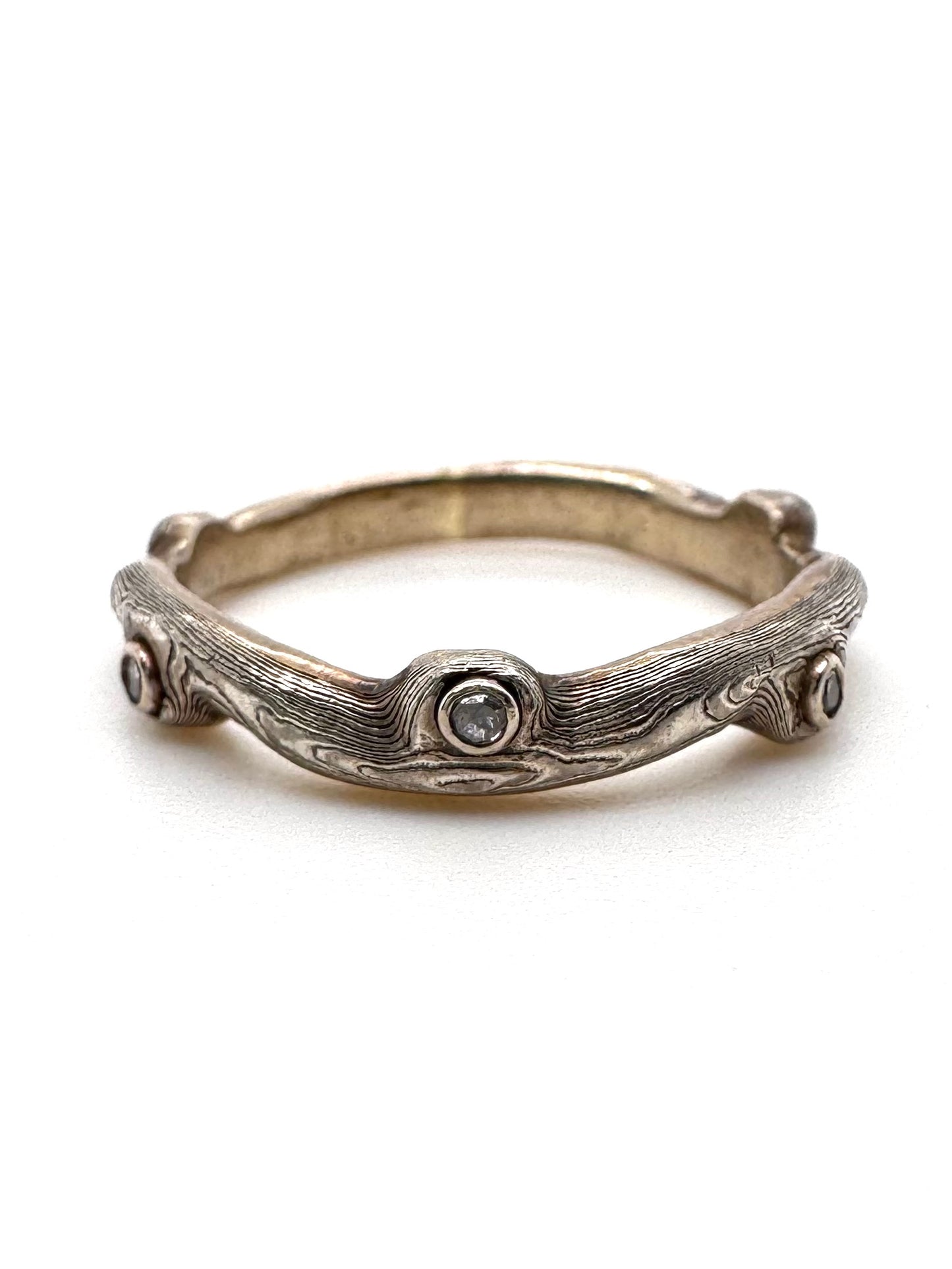 The Notched Mokume Gane White Gold Strata Band Diamonds (Ready to ship in 2.25mm - 3.5mm width size 6)