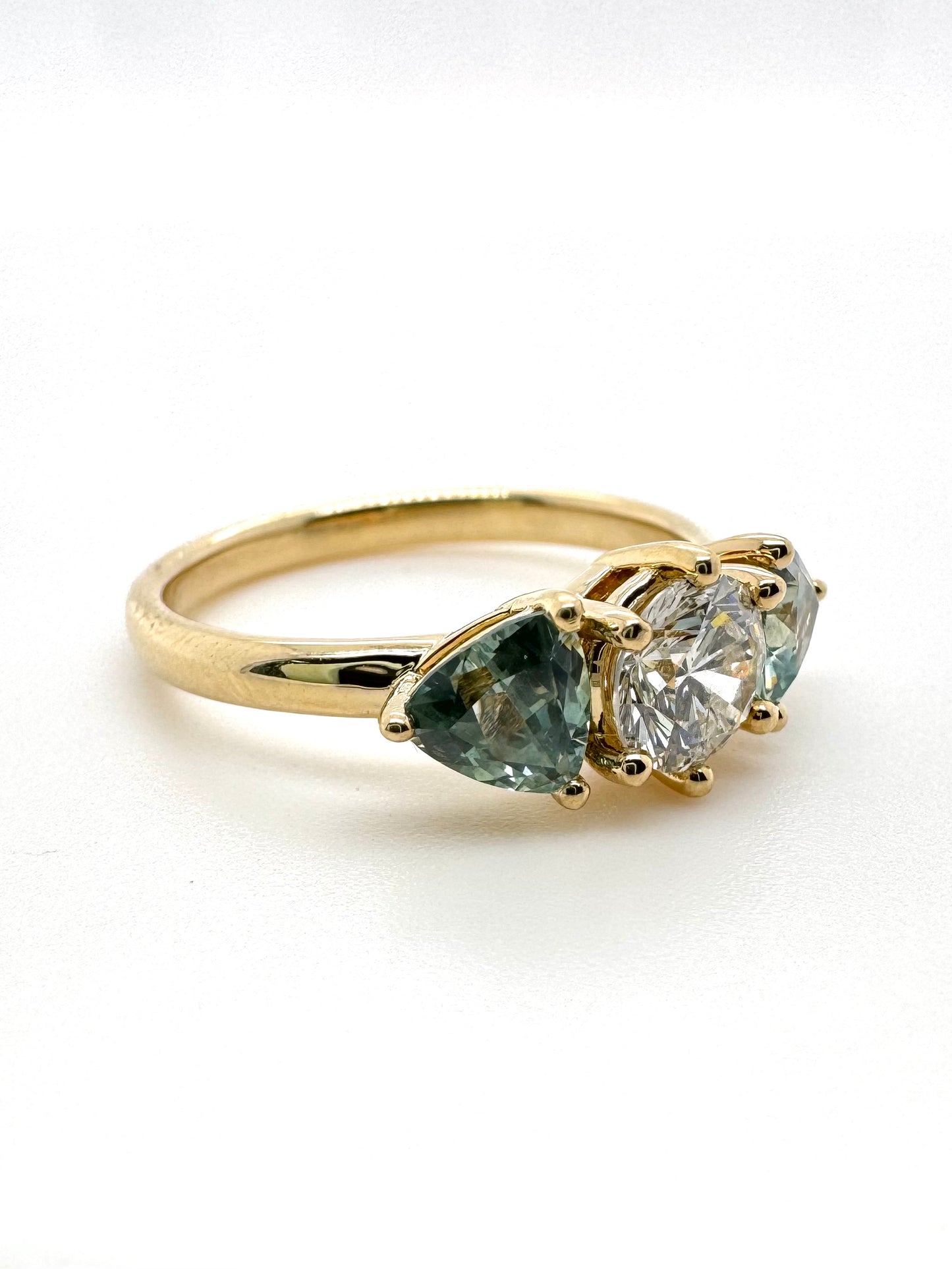 The Fairmined Diamond and Montana Sapphire Three-Stone Ring (Ready to ship in size 6.75)