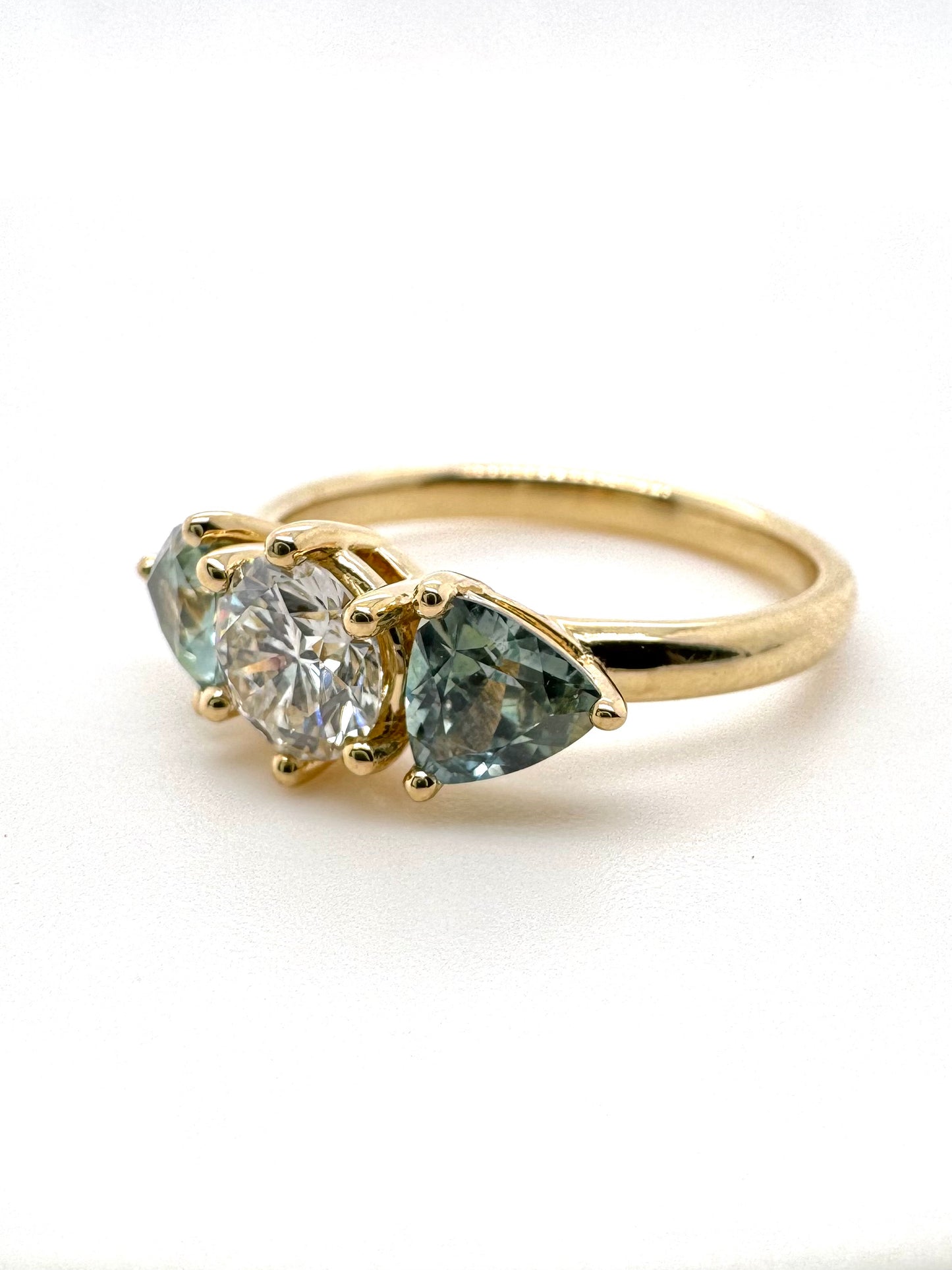 The Fairmined Diamond and Montana Sapphire Three-Stone Ring (Ready to ship in size 6.75)