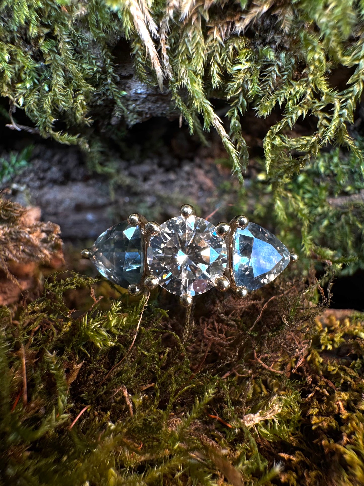 The Fairmined Diamond and Montana Sapphire Three-Stone Ring (Ready to ship in size 6.75)