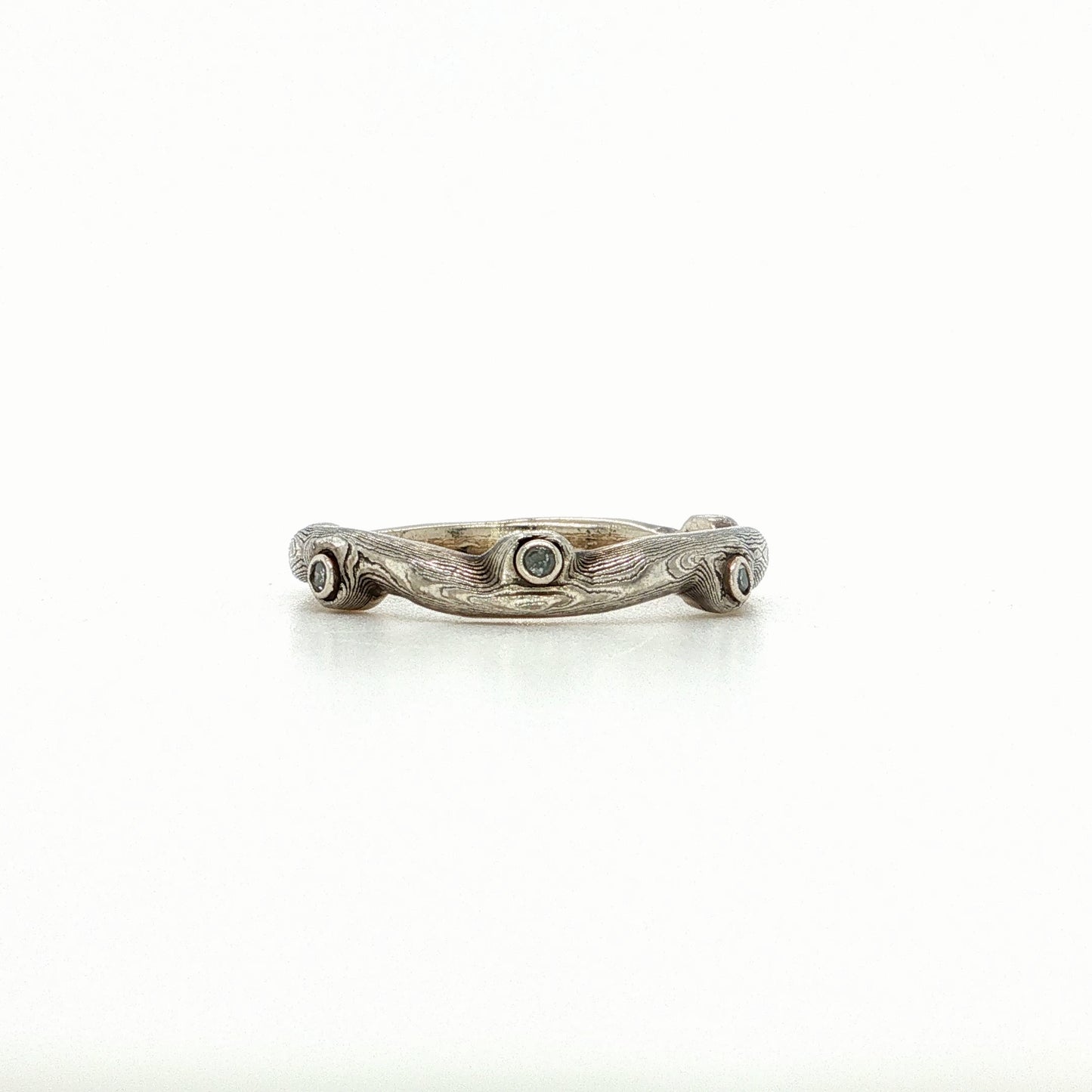 The Notched Mokume Gane White Gold Strata Band Diamonds (Ready to ship in 2.25mm - 3.5mm width size 6)