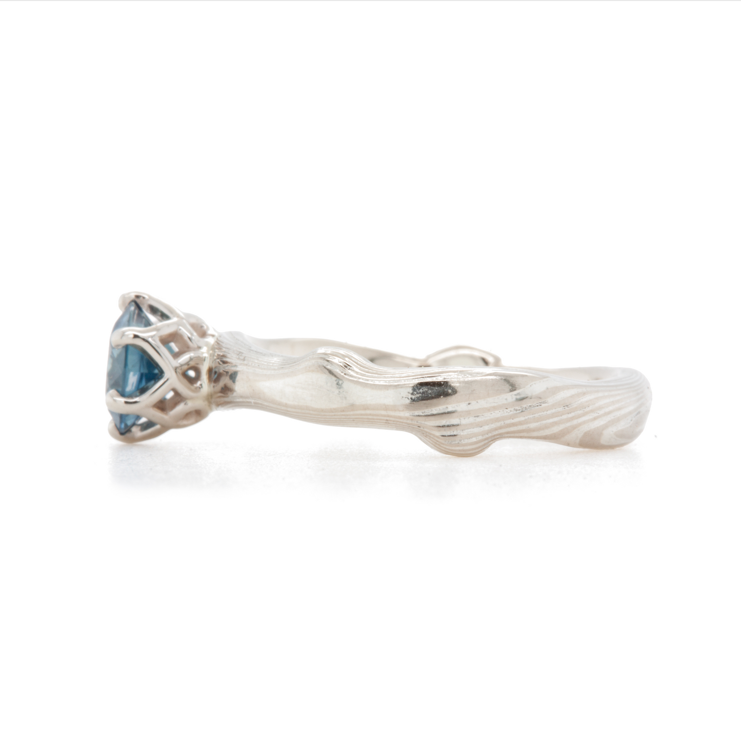 The Sapphire Mokume Notched Solitaire (Ready to Ship in Size 5)