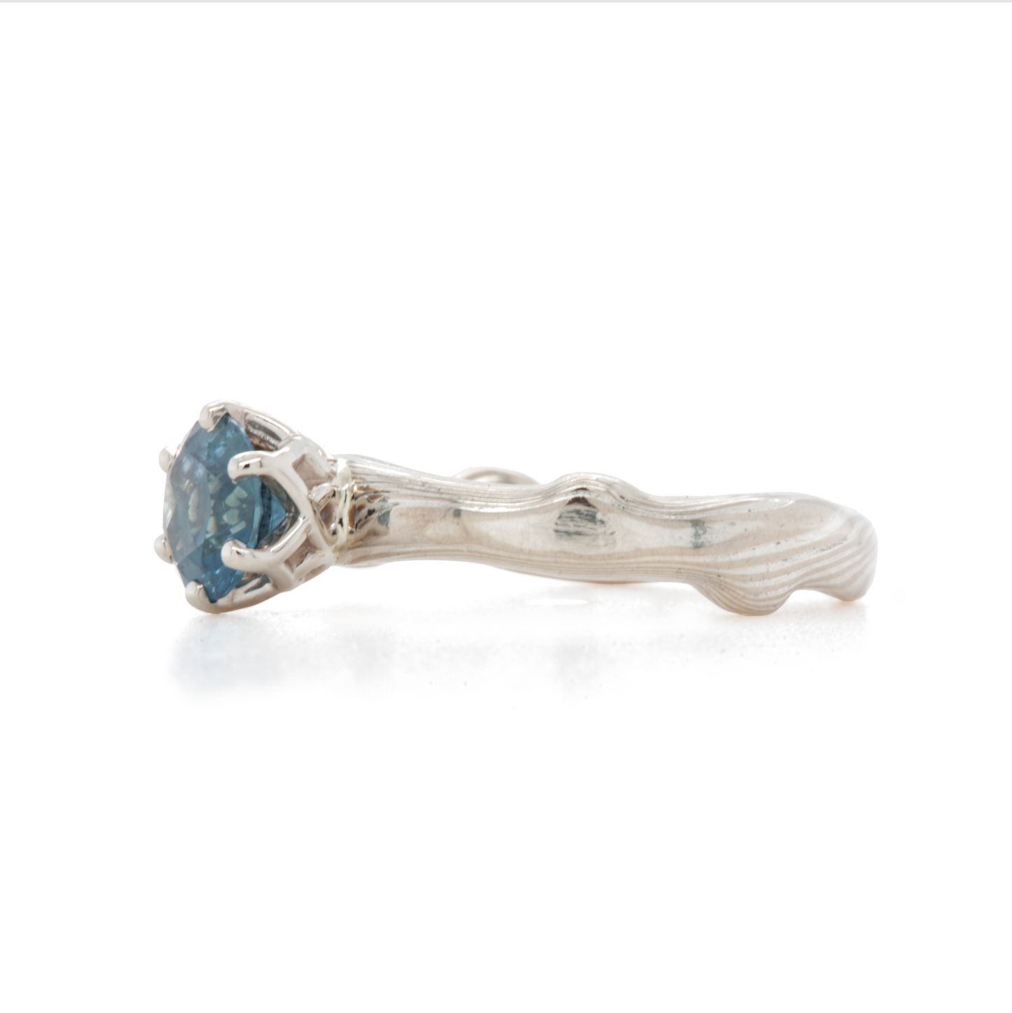 The Sapphire Mokume Notched Solitaire (Ready to Ship in Size 5)