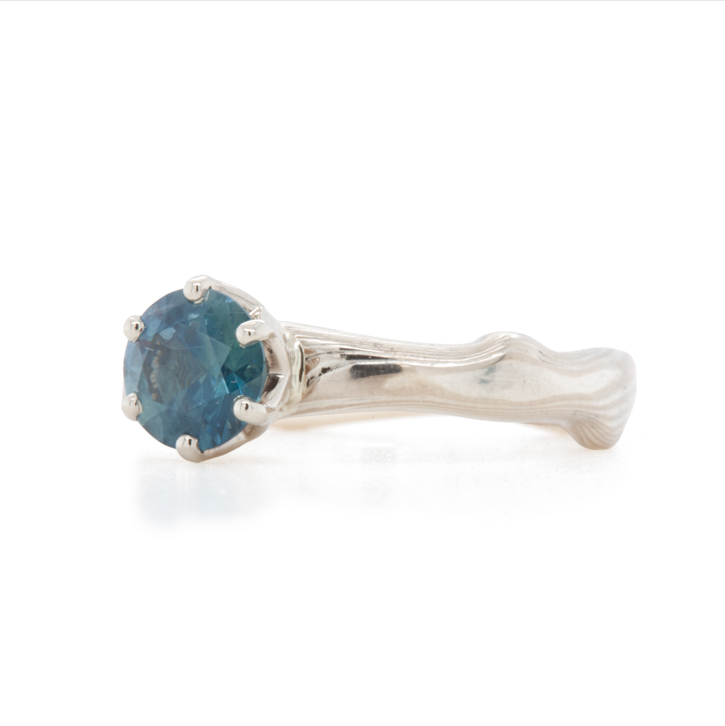 The Sapphire Mokume Notched Solitaire (Ready to Ship in Size 5)