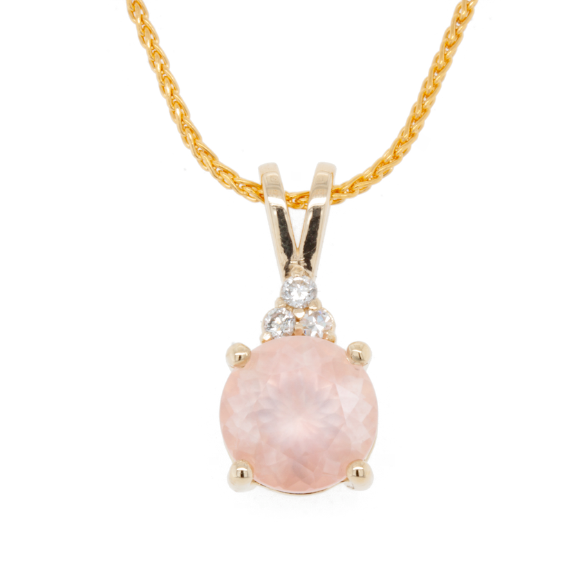 The 14K Yellow Gold Rose Quartz Pendant with 3-Stone Accent