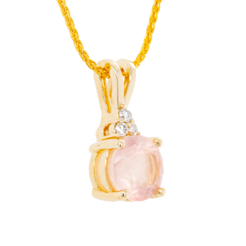 The 14K Yellow Gold Rose Quartz Pendant with 3-Stone Accent