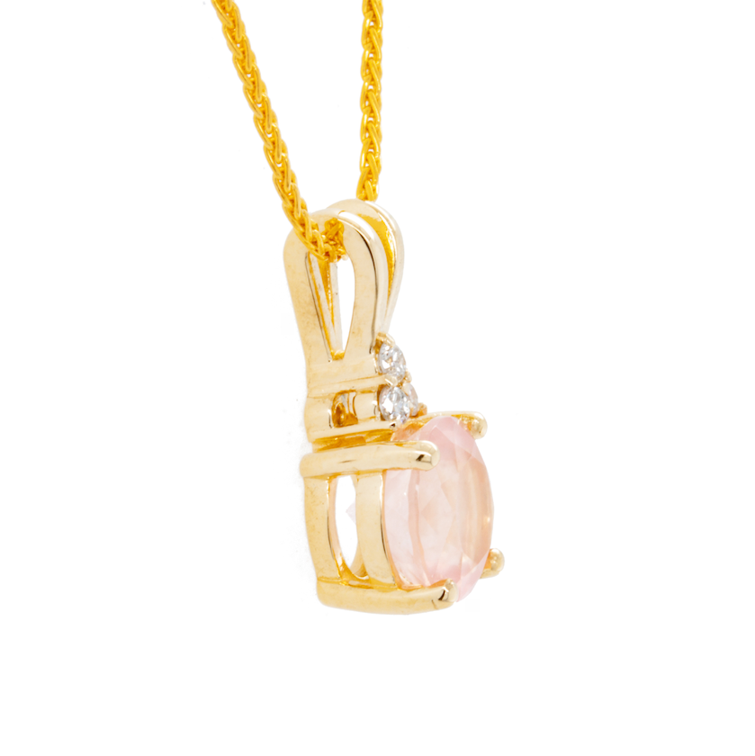 The 14K Yellow Gold Rose Quartz Pendant with 3-Stone Accent