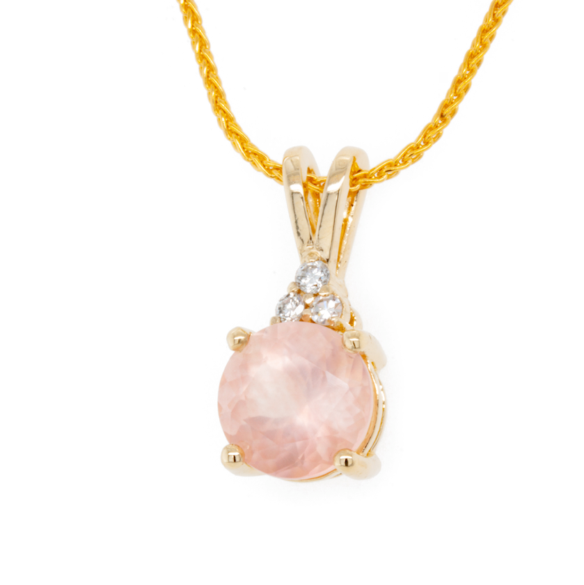 The 14K Yellow Gold Rose Quartz Pendant with 3-Stone Accent