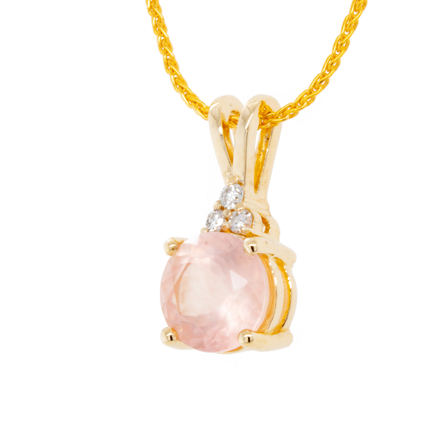 The 14K Yellow Gold Rose Quartz Pendant with 3-Stone Accent