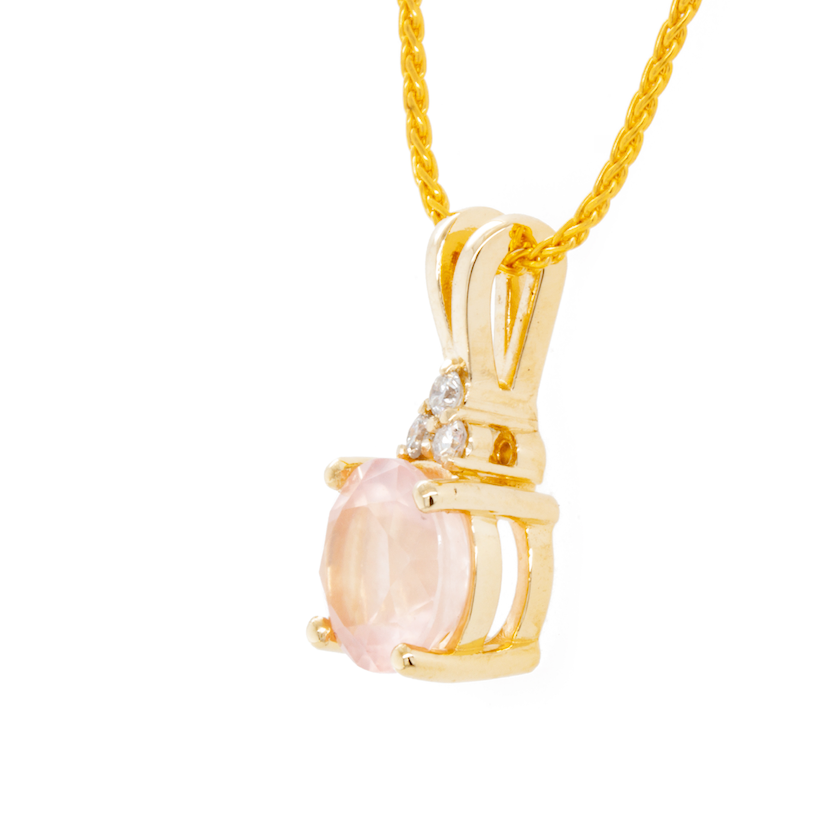 The 14K Yellow Gold Rose Quartz Pendant with 3-Stone Accent