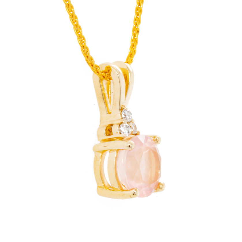 The 14K Yellow Gold Rose Quartz Pendant with 3-Stone Accent