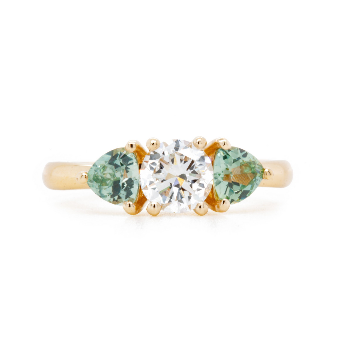 The Fairmined Diamond and Montana Sapphire Three-Stone Ring (Ready to ship in size 7.75)