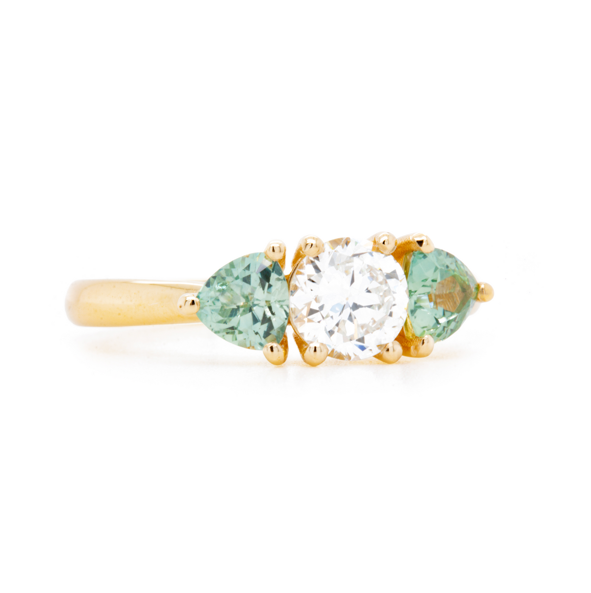 The Fairmined Diamond and Montana Sapphire Three-Stone Ring (Ready to ship in size 7.75)