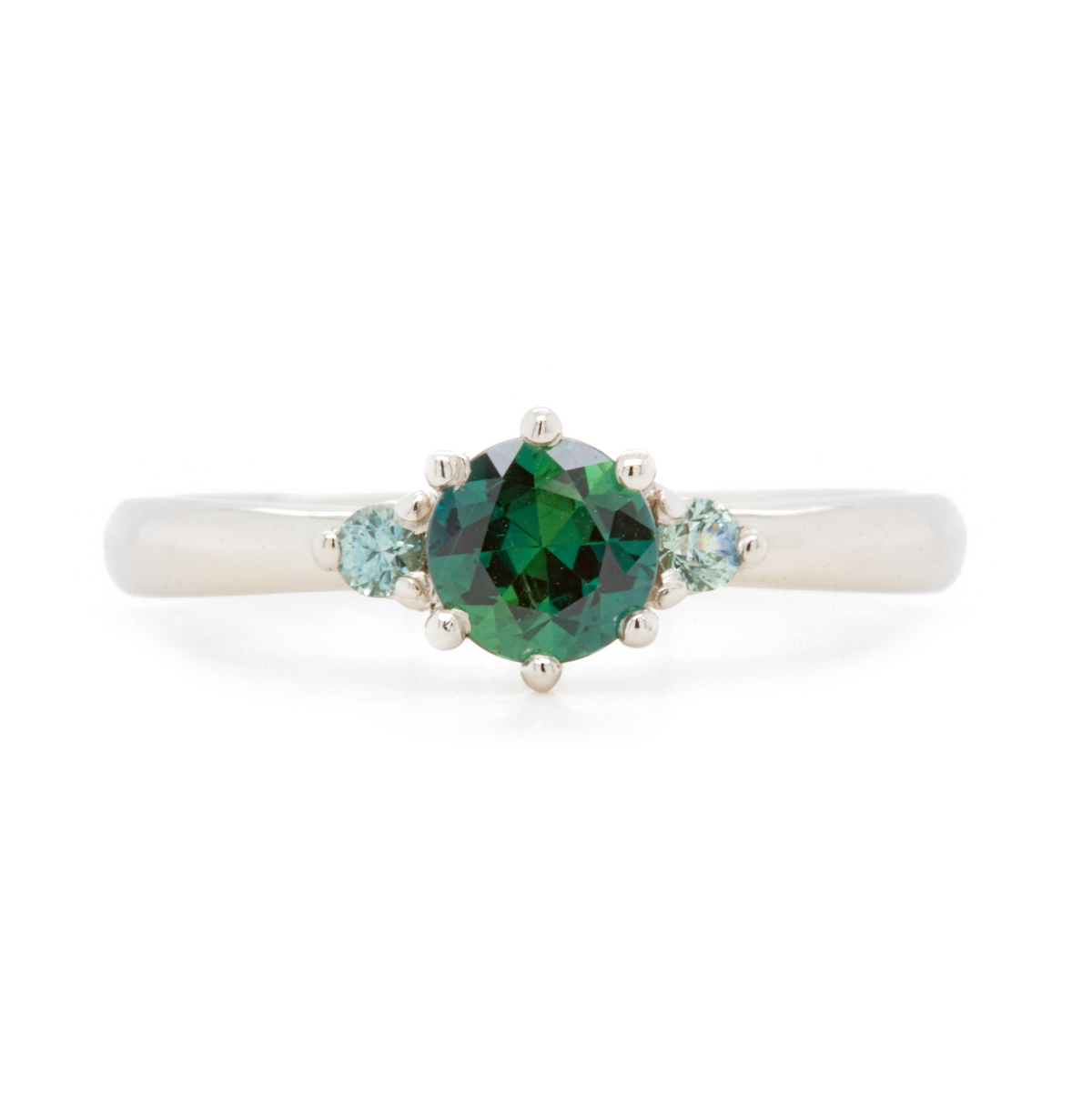 The Fairmined Kenyan and Montana Sapphire Three-Stone Ring (Ready to ship in size 7.5)