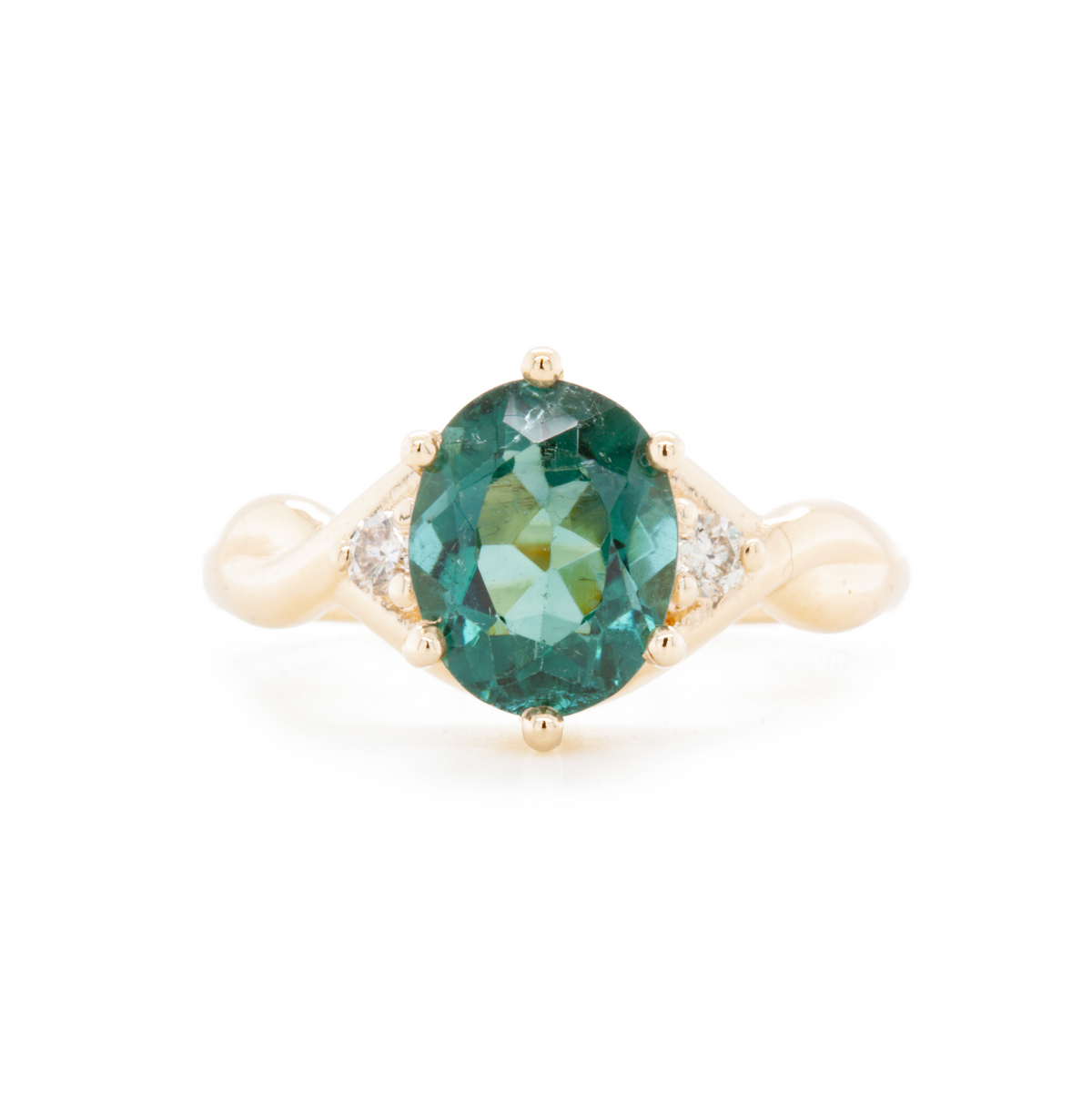 The Fairmined Brazillian Cruzeiro Tourmaline and Diamond Three-Stone Twist Ring (Ready to ship in size 5.5)
