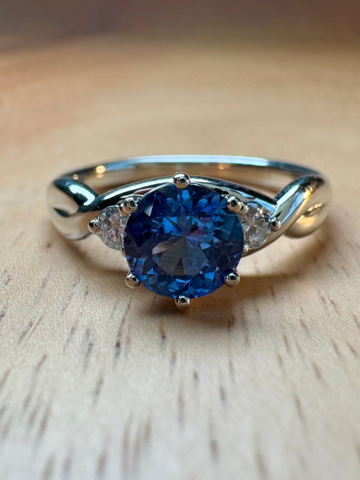 The Fairmined Sri Lankan Sapphire and Diamond Three-Stone Twist Ring (Ready to ship in size 6.25)