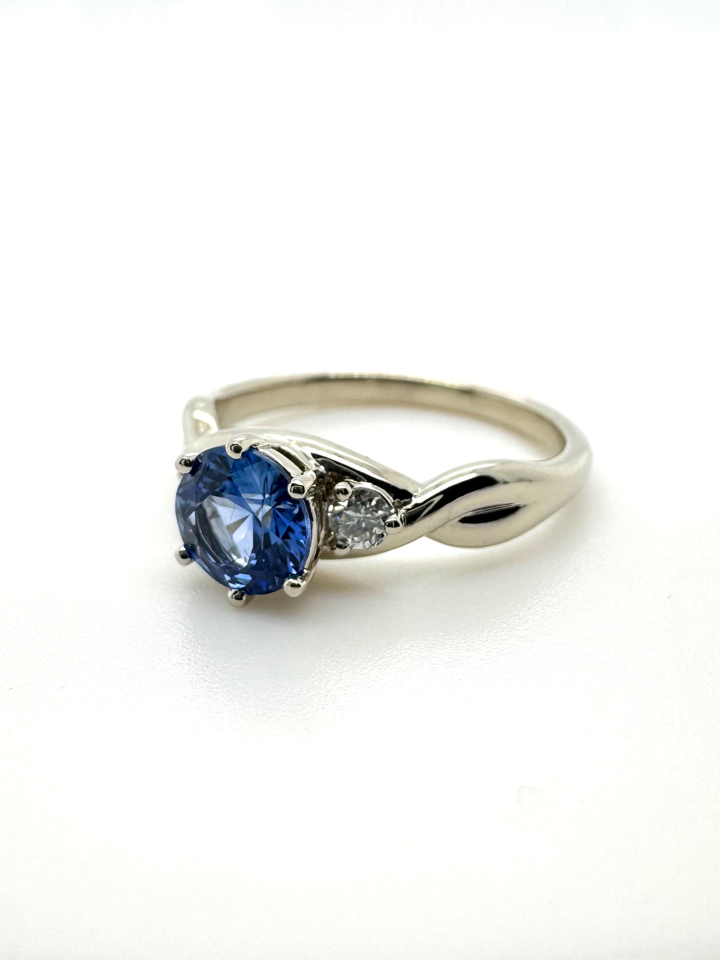 The Fairmined Sri Lankan Sapphire and Diamond Three-Stone Twist Ring (Ready to ship in size 6.25)