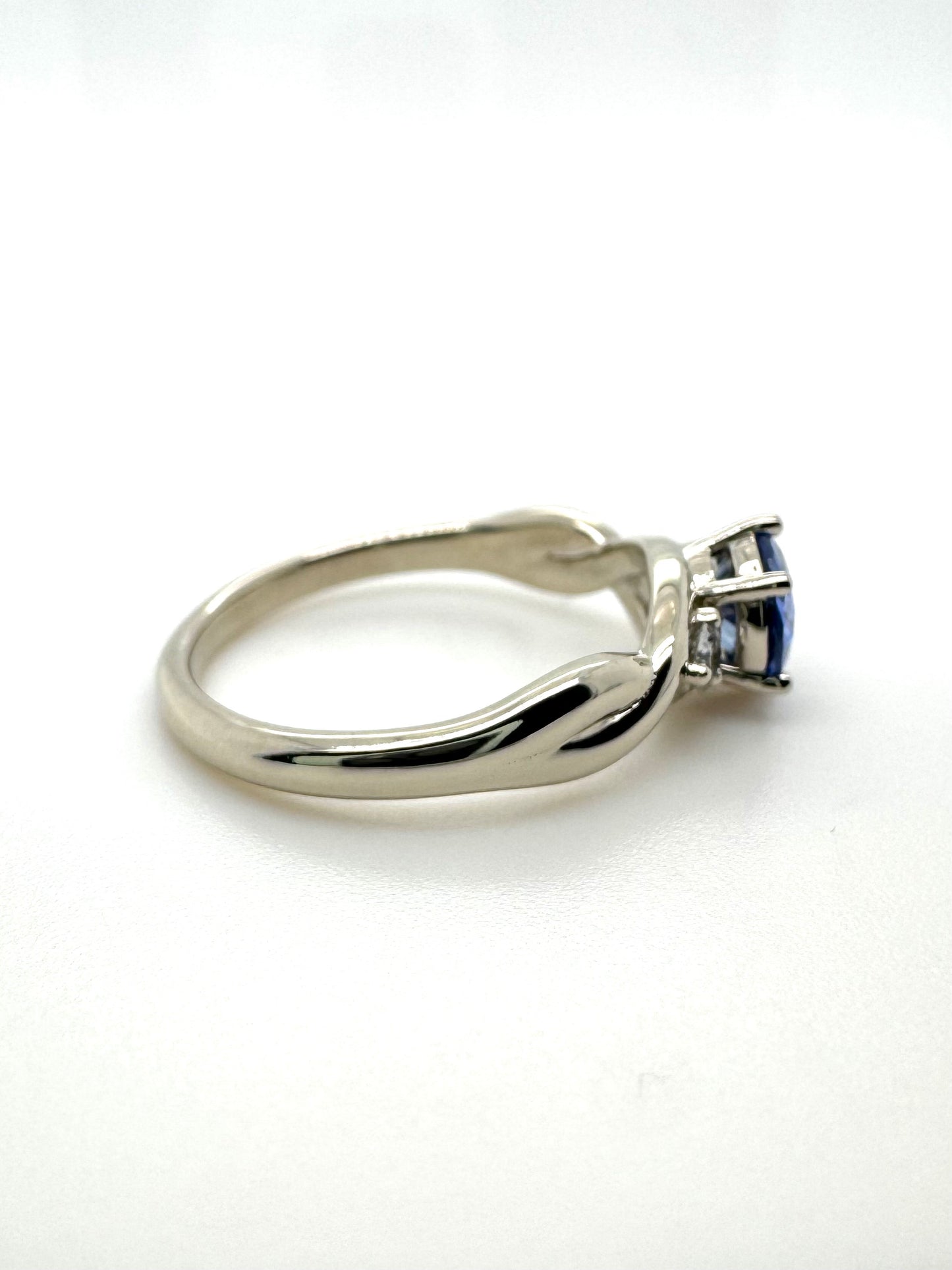 The Fairmined Sri Lankan Sapphire and Diamond Three-Stone Twist Ring (Ready to ship in size 6.25)