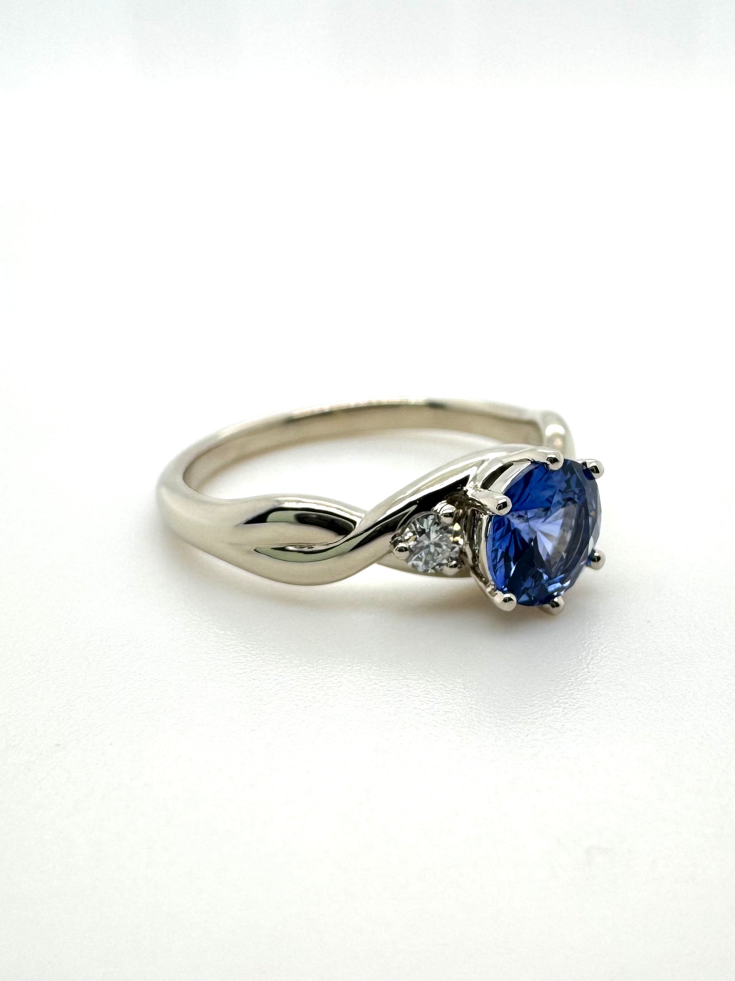 The Fairmined Sri Lankan Sapphire and Diamond Three-Stone Twist Ring (Ready to ship in size 6.25)