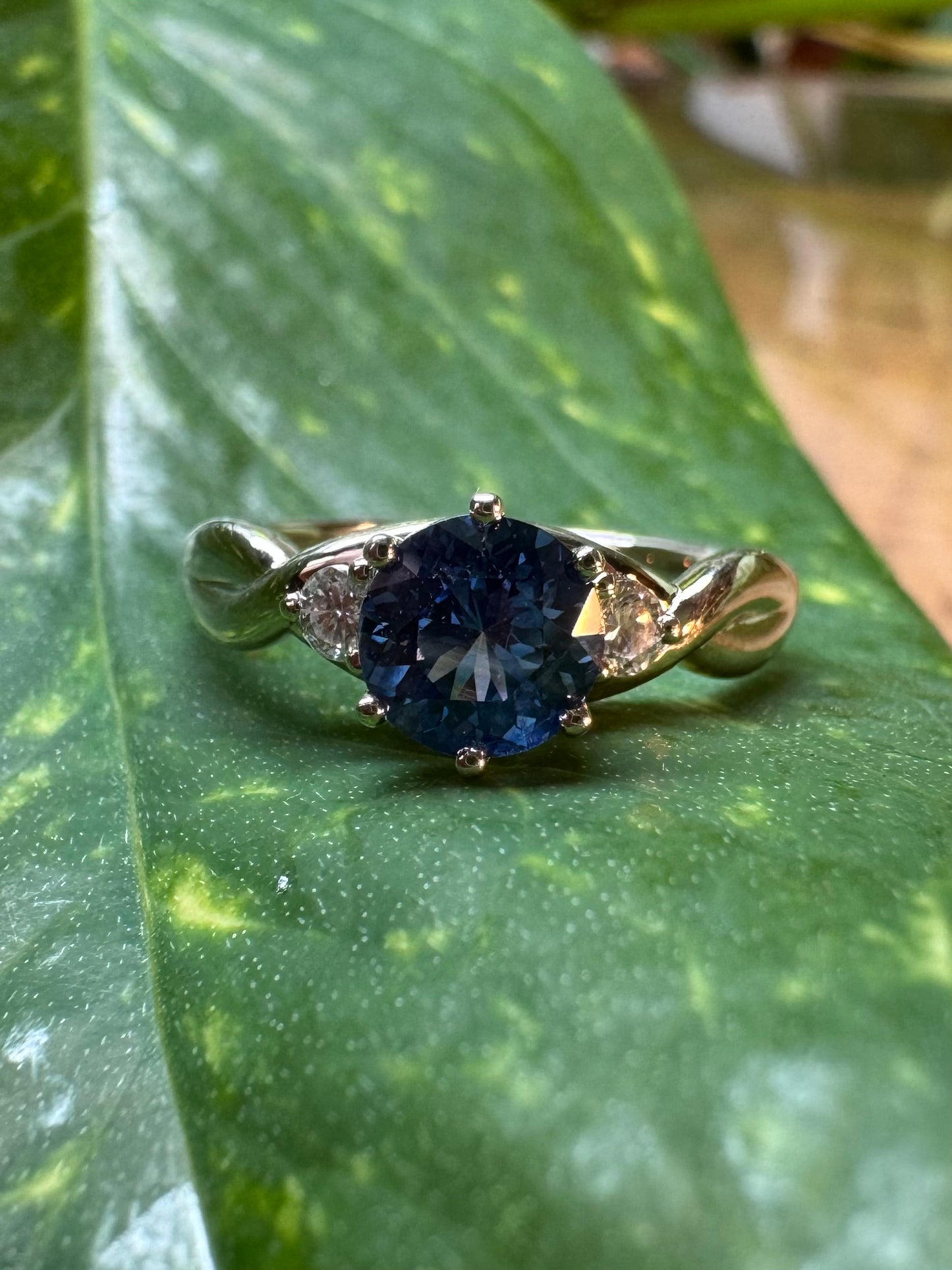 The Fairmined Sri Lankan Sapphire and Diamond Three-Stone Twist Ring (Ready to ship in size 6.25)