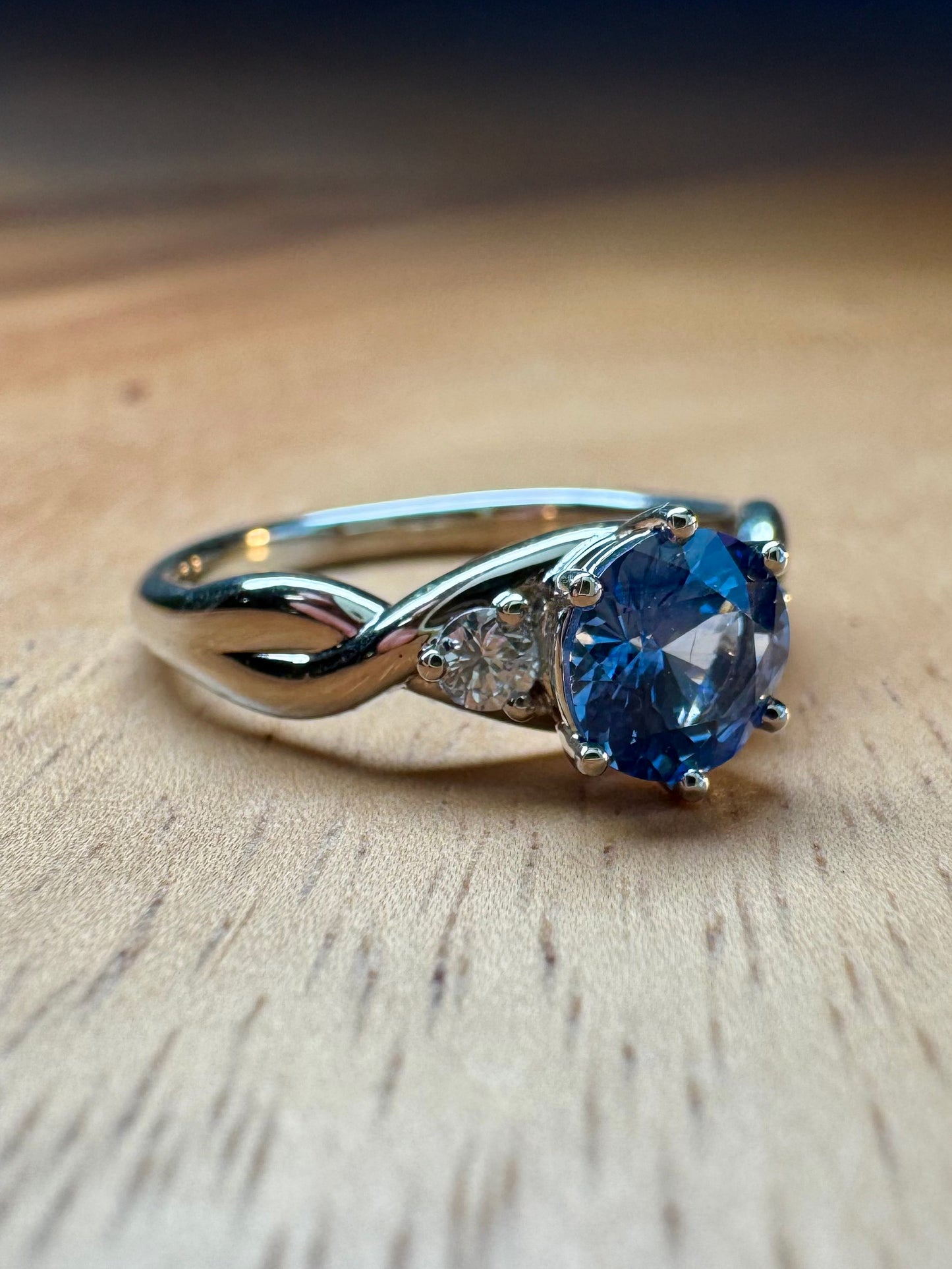 The Fairmined Sri Lankan Sapphire and Diamond Three-Stone Twist Ring (Ready to ship in size 6.25)