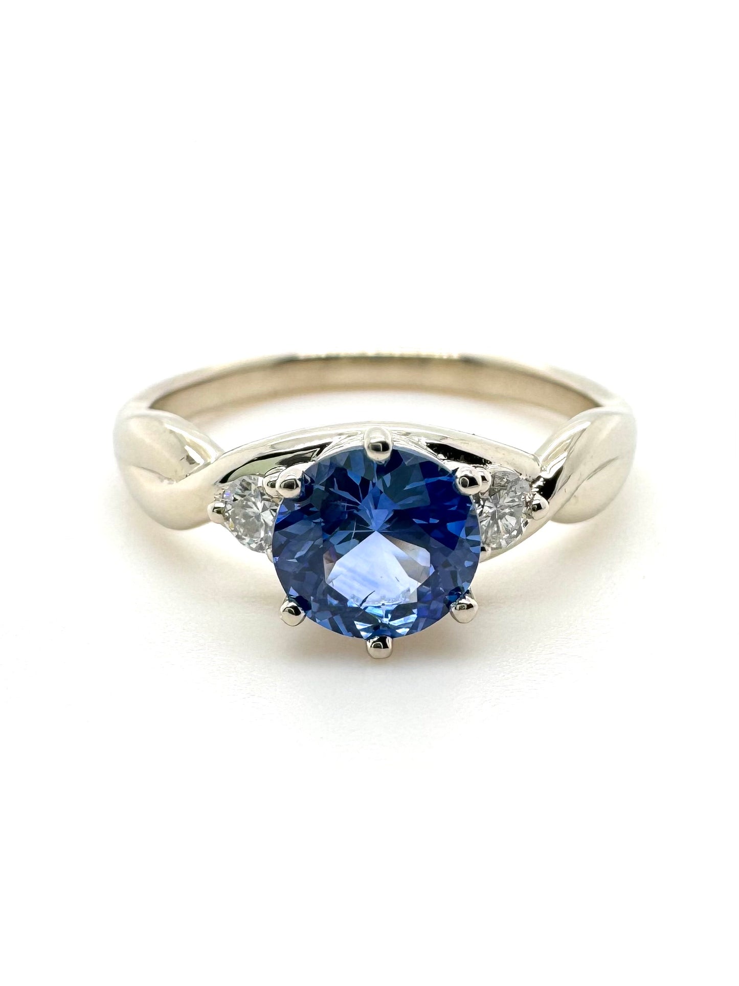 The Fairmined Sri Lankan Sapphire and Diamond Three-Stone Twist Ring (Ready to ship in size 6.25)