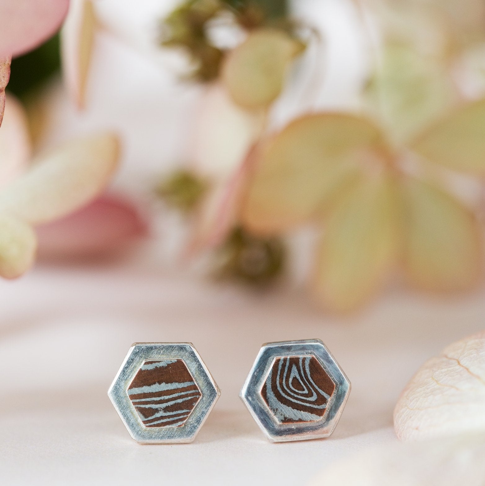 Copper Mokume Hexagon Studs - W.R. Metalarts