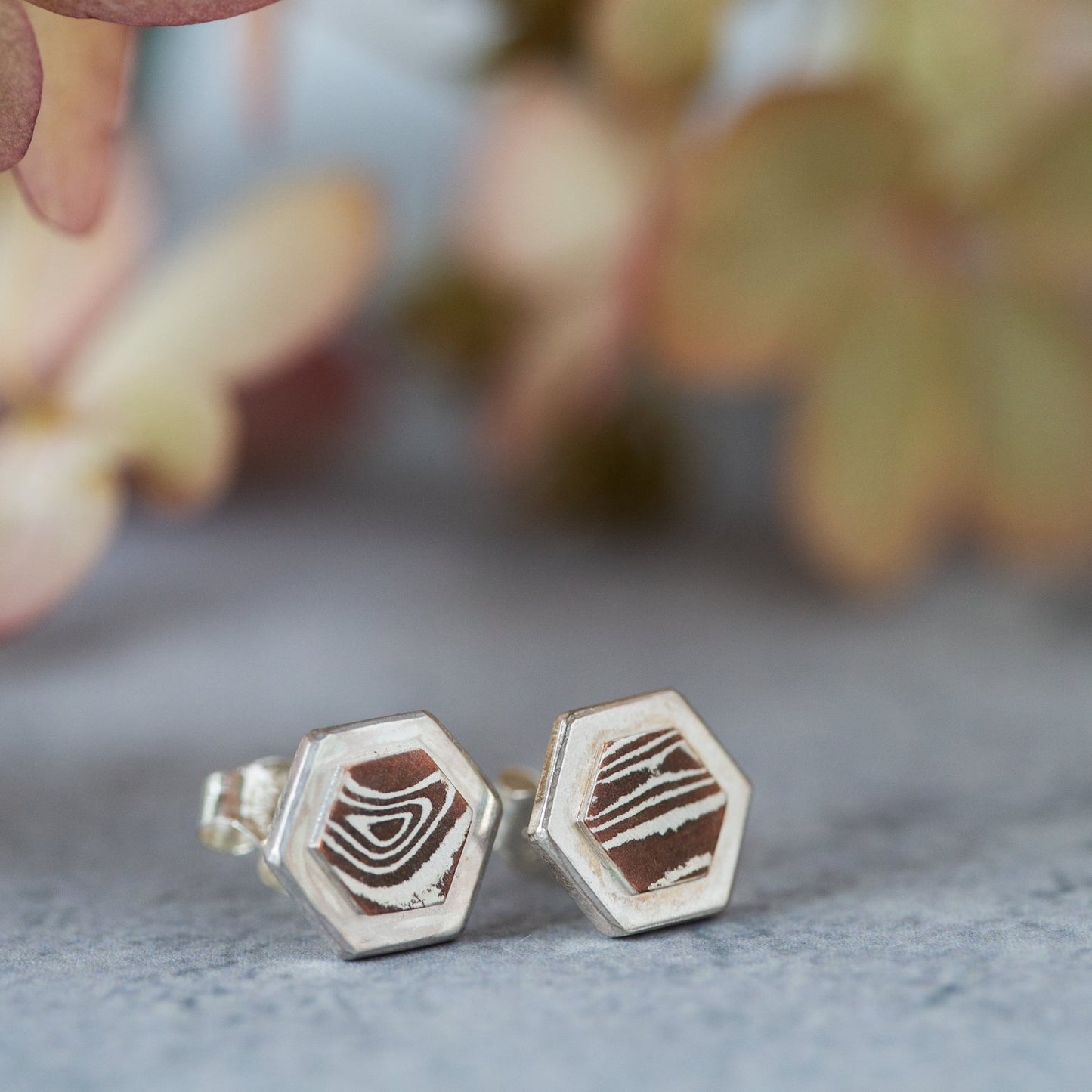 Copper Mokume Hexagon Studs - W.R. Metalarts