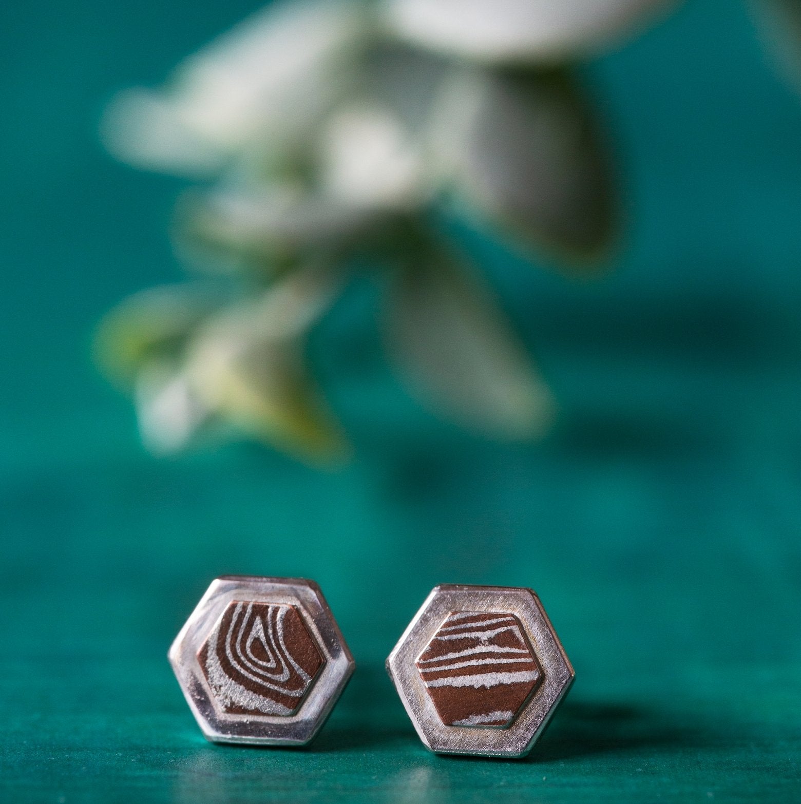 Copper Mokume Hexagon Studs - W.R. Metalarts