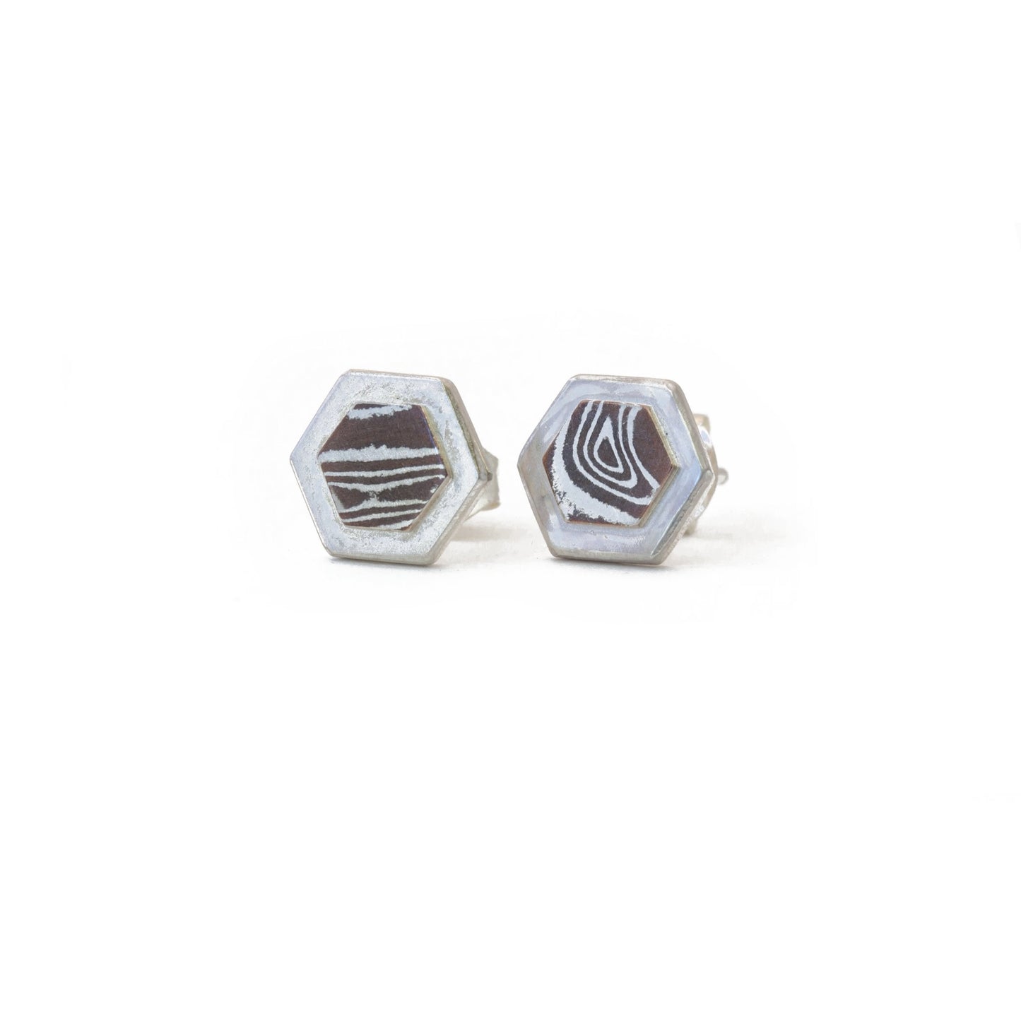 Copper Mokume Hexagon Studs - W.R. Metalarts