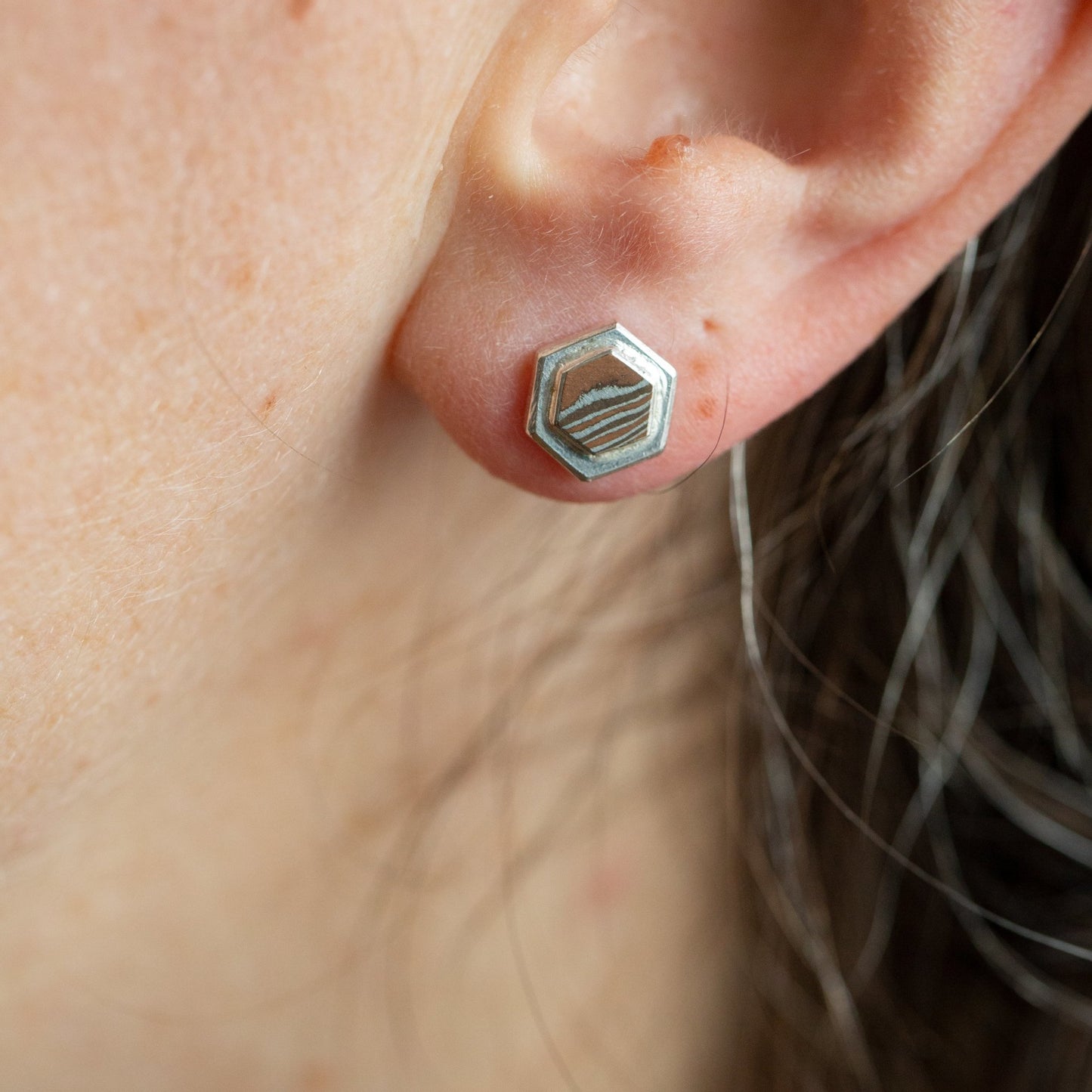 Copper Mokume Hexagon Studs - W.R. Metalarts