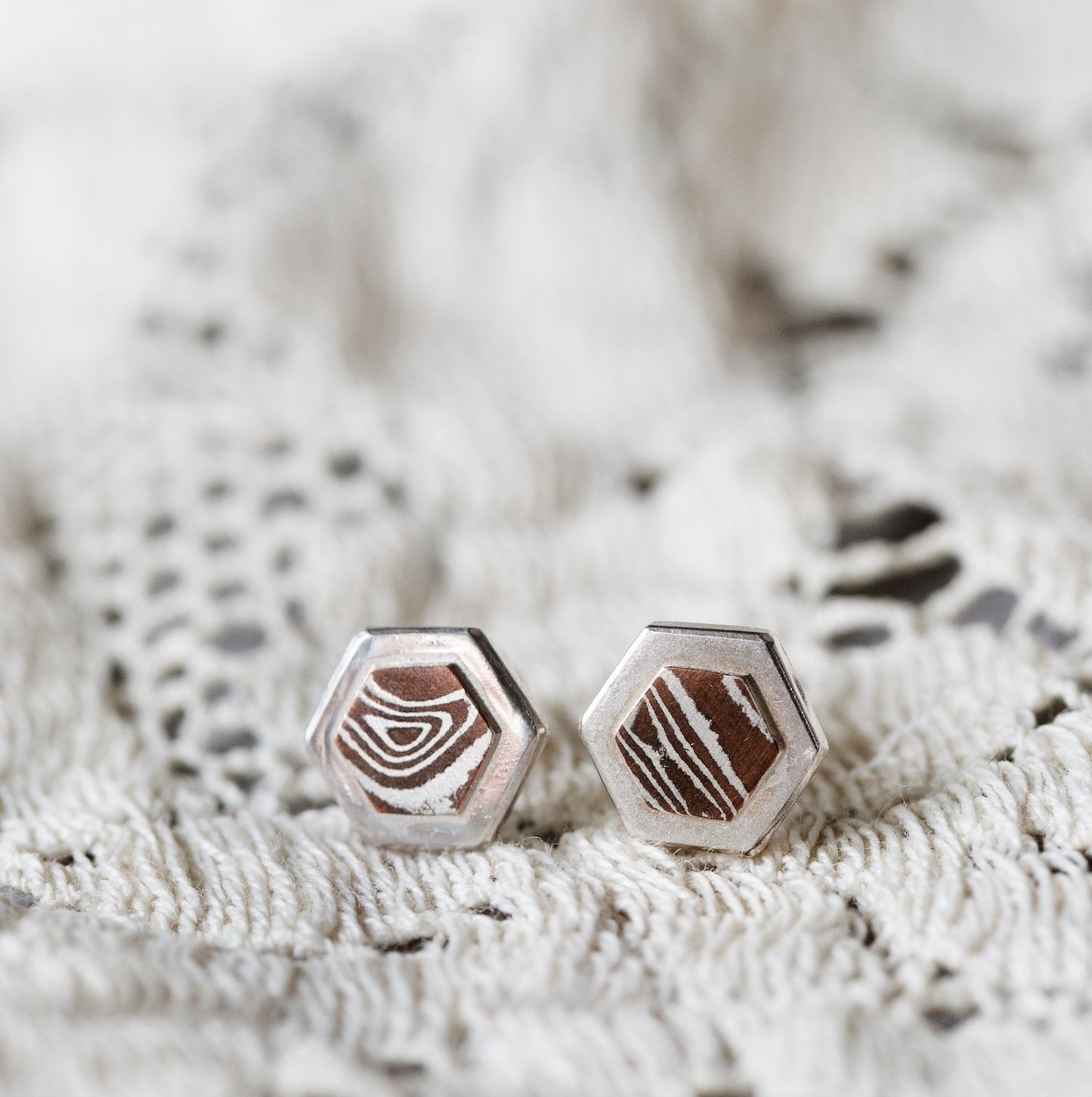 Copper Mokume Hexagon Studs - W.R. Metalarts