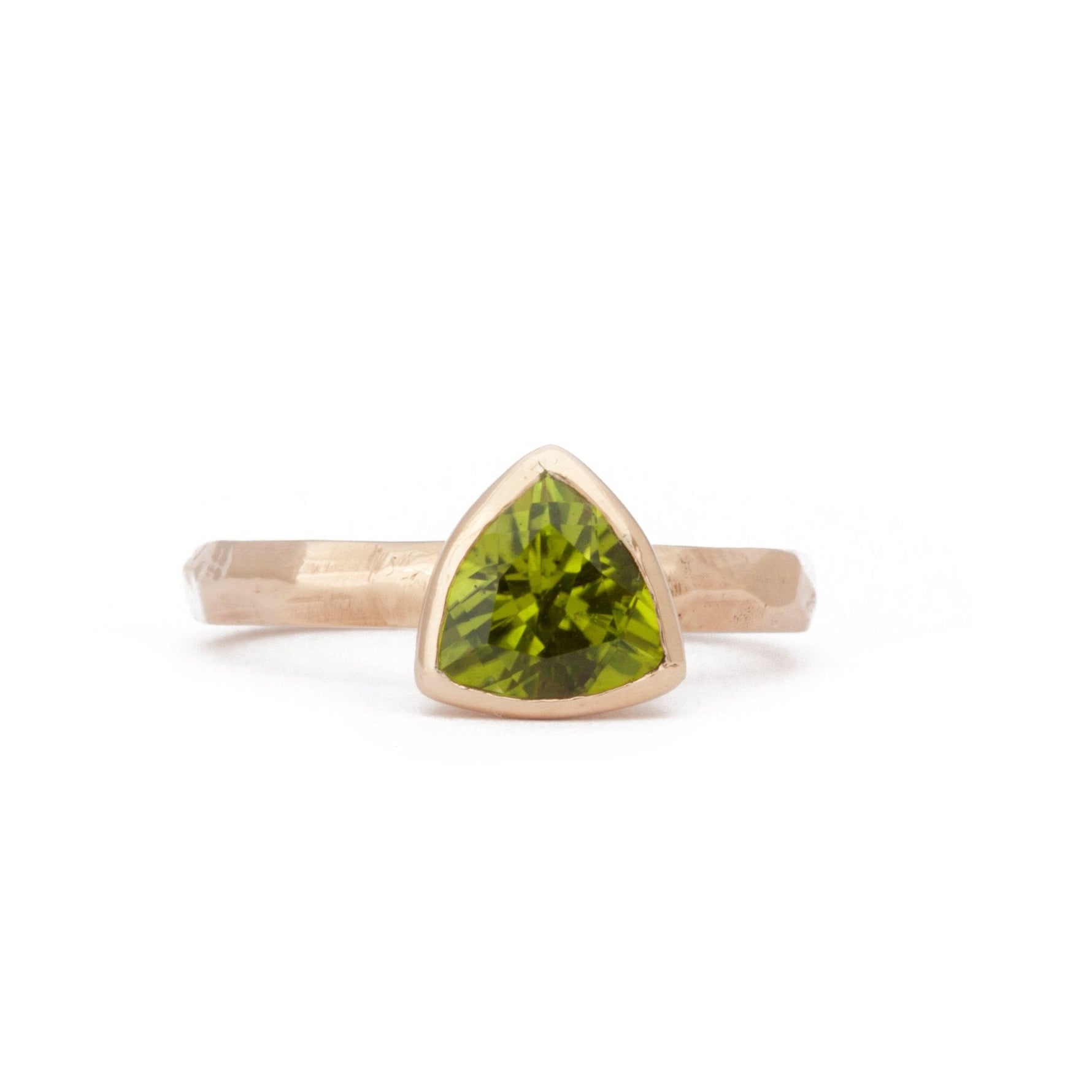 The Fairmined Arizona Peridot Trillion-Cut Carved Solitaire - W.R. Metalarts