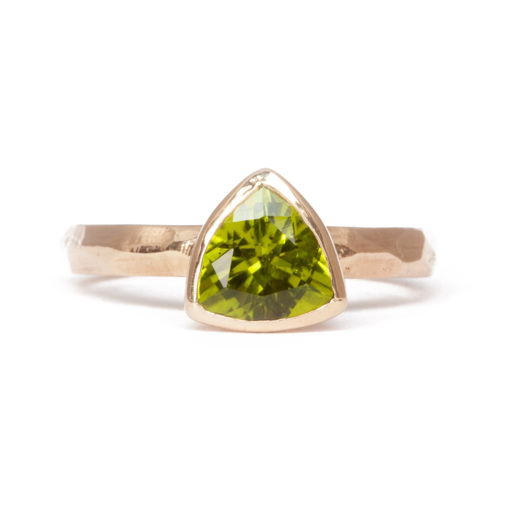 The Fairmined Arizona Peridot Trillion-Cut Carved Solitaire - W.R. Metalarts