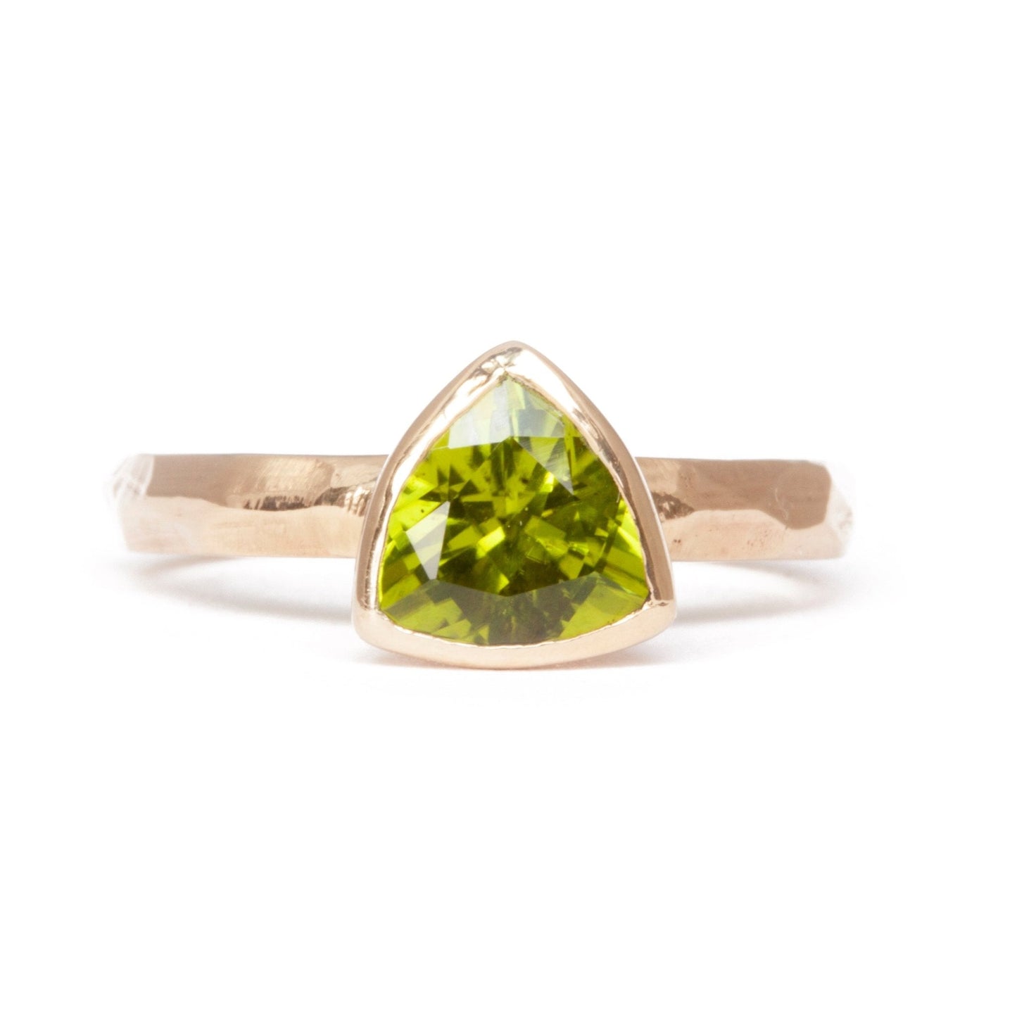 The Fairmined Arizona Peridot Trillion-Cut Carved Solitaire (Ready to ship in size 6) - W.R. Metalarts