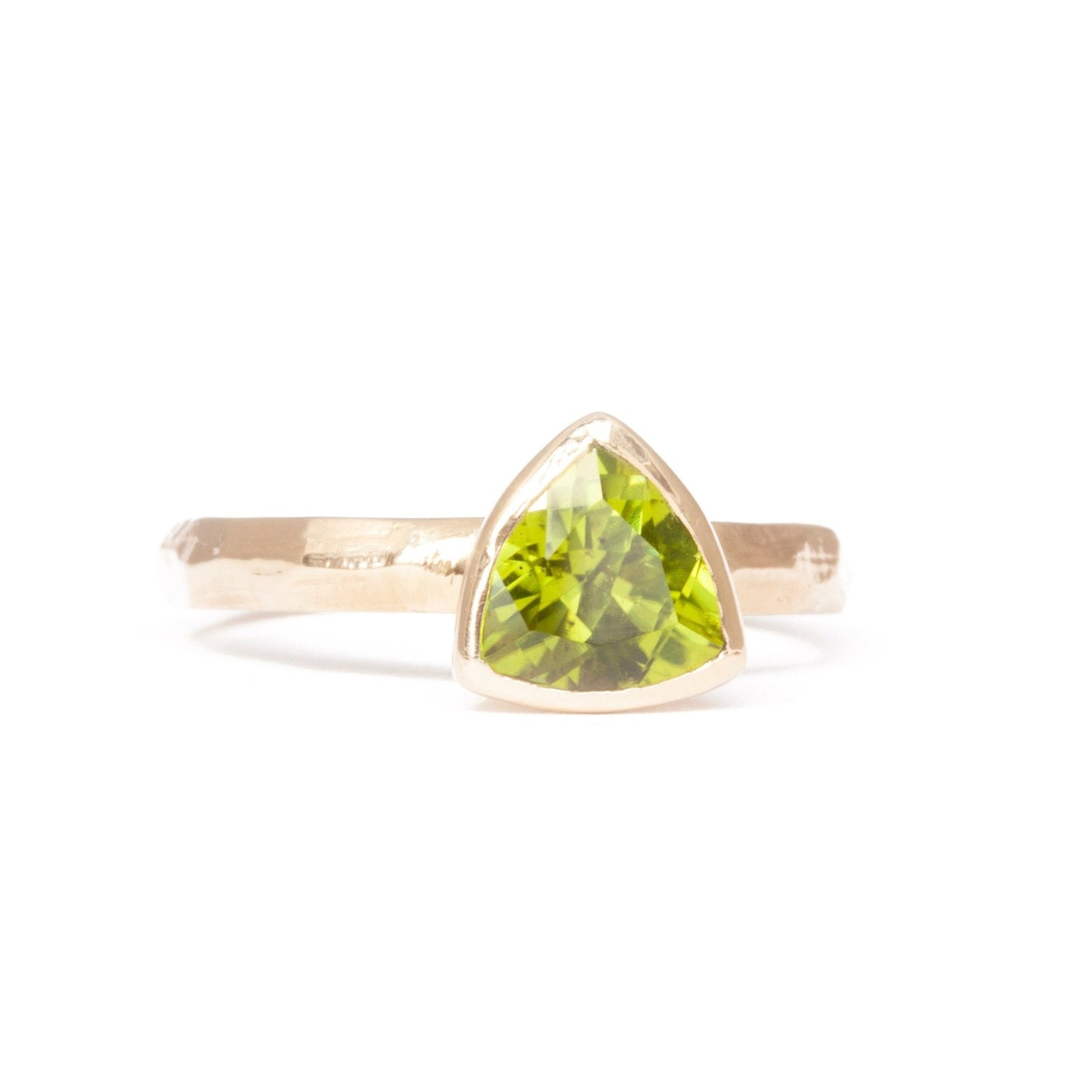 The Fairmined Arizona Peridot Trillion-Cut Carved Solitaire (Ready to ship in size 6) - W.R. Metalarts