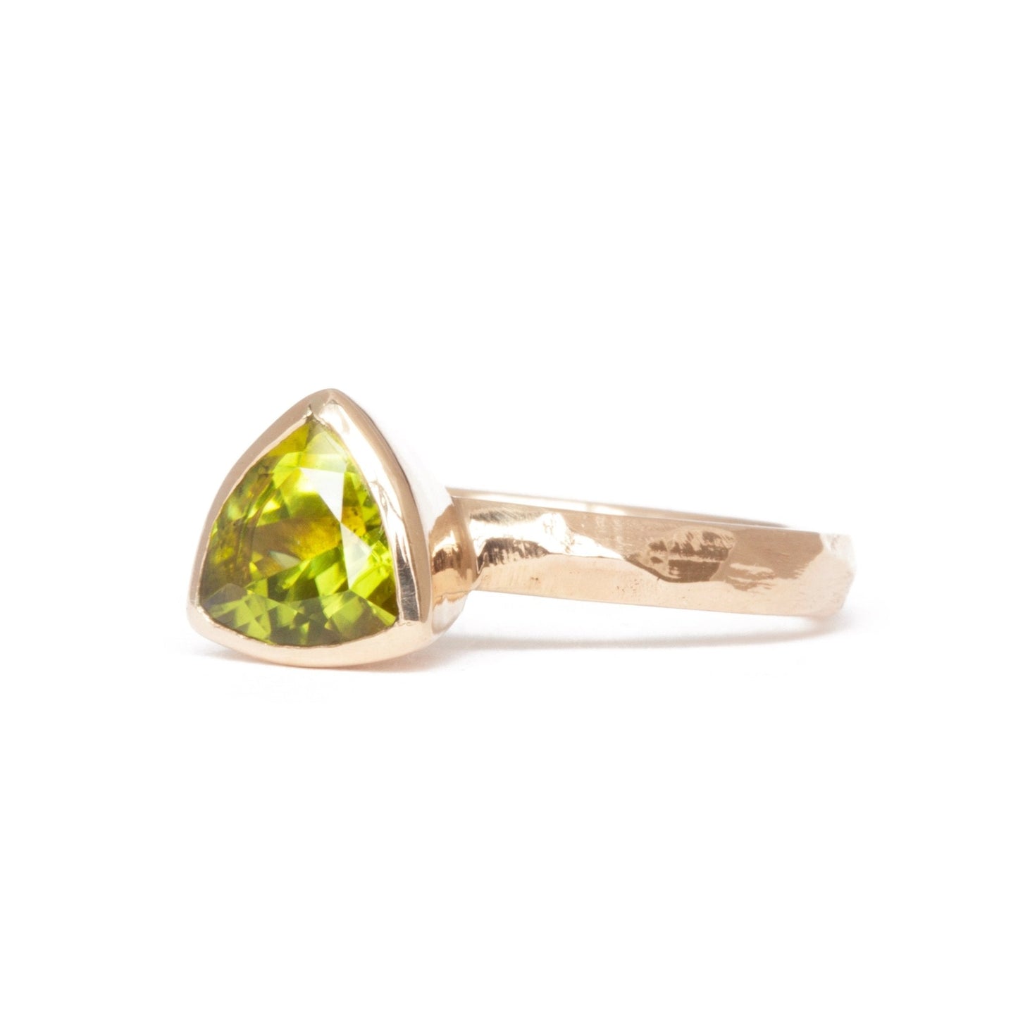 The Fairmined Arizona Peridot Trillion-Cut Carved Solitaire (Ready to ship in size 6) - W.R. Metalarts